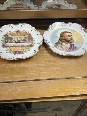Two vintage  Porcelain plates  with Religious Motifs - White with Gold